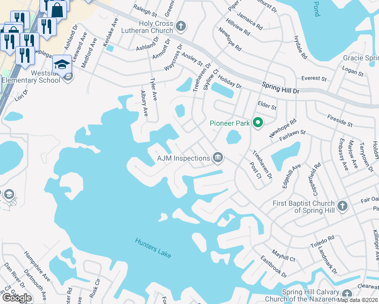 map of restaurants, bars, coffee shops, grocery stores, and more near 6256 Kimball Court in Spring Hill
