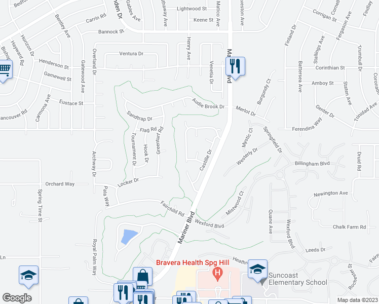 map of restaurants, bars, coffee shops, grocery stores, and more near 10412 Casa Grande Circle in Spring Hill