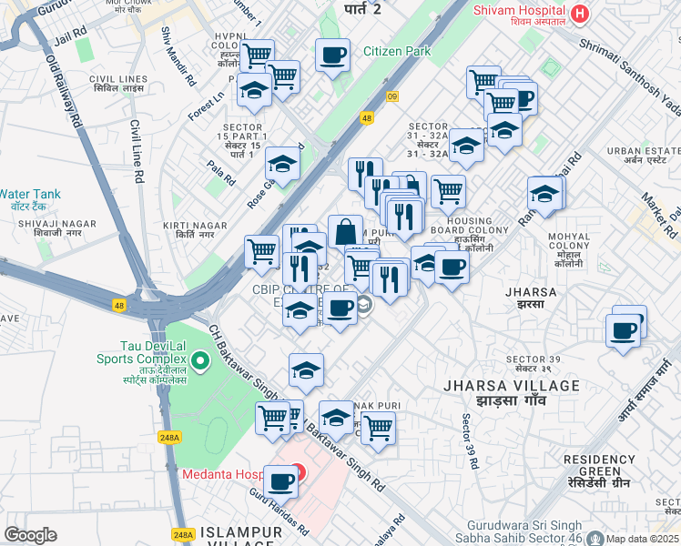 map of restaurants, bars, coffee shops, grocery stores, and more near in Gurugram