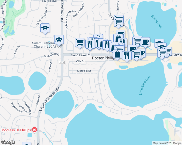 map of restaurants, bars, coffee shops, grocery stores, and more near 8024 Marcella Drive in Orlando