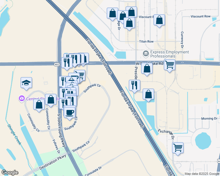 map of restaurants, bars, coffee shops, grocery stores, and more near 8301 Southpark Circle in Orlando
