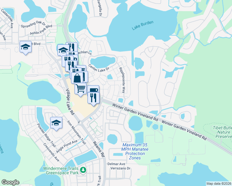 map of restaurants, bars, coffee shops, grocery stores, and more near 8271 Maritime Flag Street in Windermere
