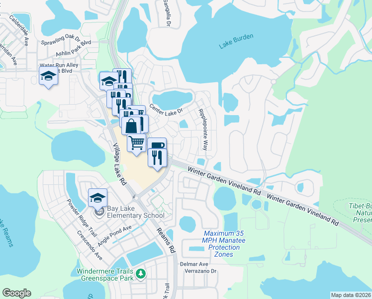 map of restaurants, bars, coffee shops, grocery stores, and more near 8271 Maritime Flag Street in Windermere