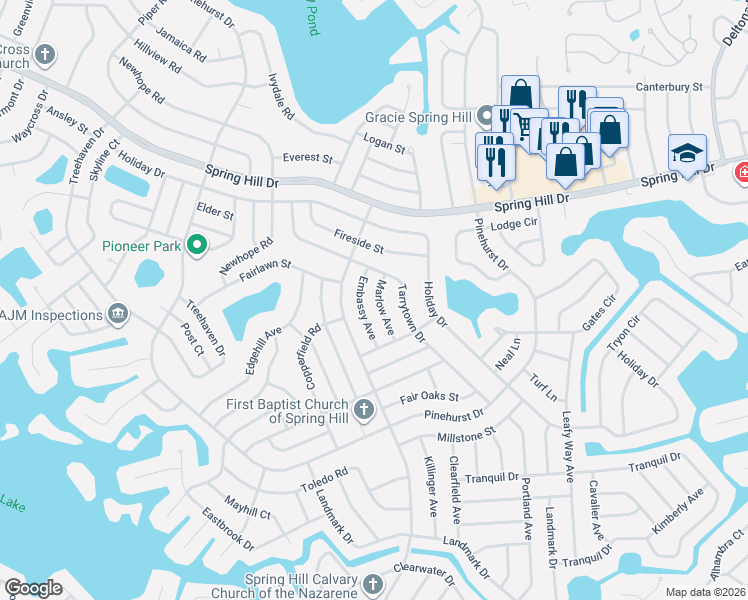 map of restaurants, bars, coffee shops, grocery stores, and more near 1069 Marlow Avenue in Spring Hill