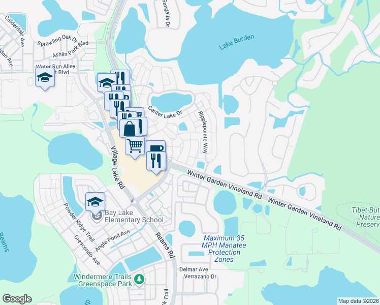 map of restaurants, bars, coffee shops, grocery stores, and more near 8271 Maritime Flag Street in Windermere
