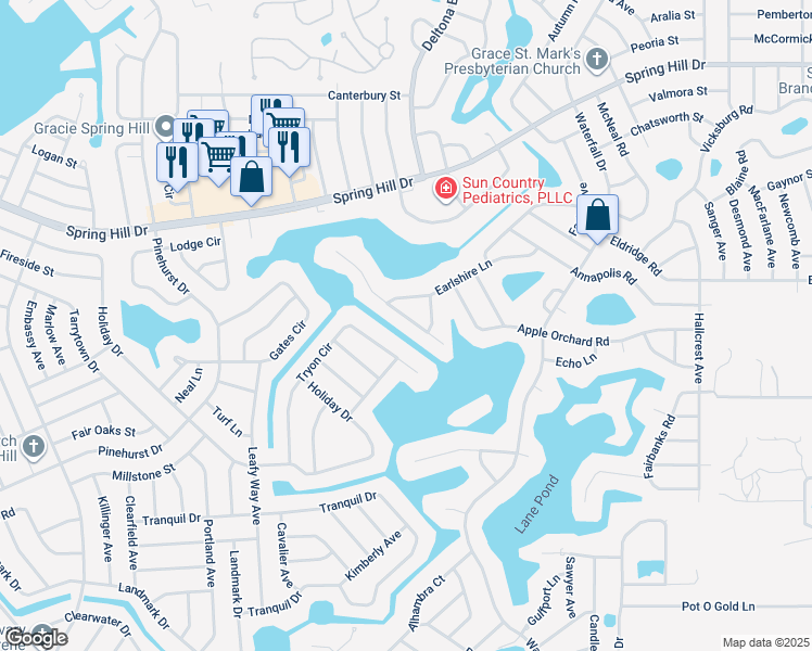 map of restaurants, bars, coffee shops, grocery stores, and more near 8130 Greenbrier Court in Spring Hill