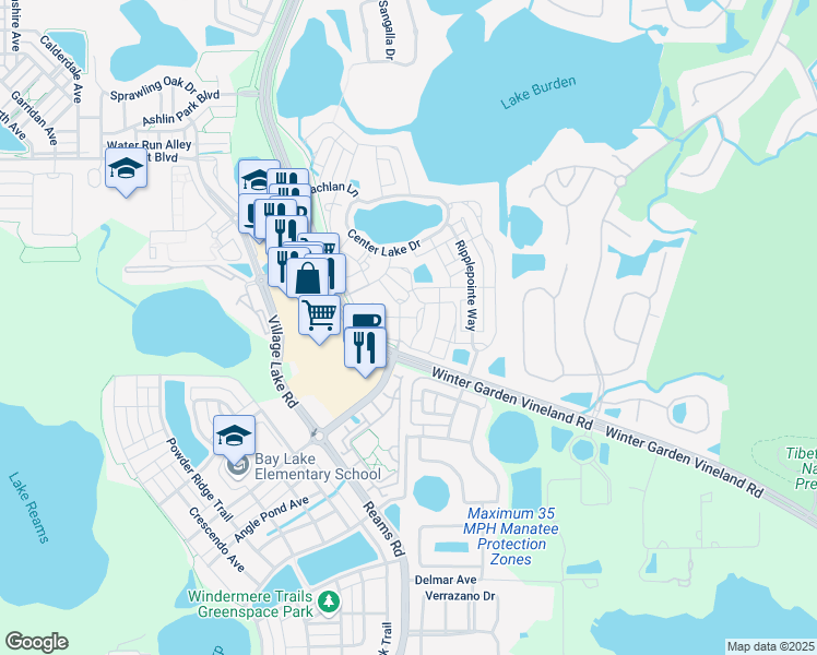 map of restaurants, bars, coffee shops, grocery stores, and more near 11564 Mizzon Drive in Windermere