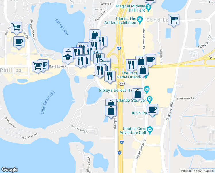 map of restaurants, bars, coffee shops, grocery stores, and more near 8179 Turkey Lake Road in Orlando