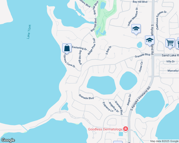 map of restaurants, bars, coffee shops, grocery stores, and more near 8017 Granada Boulevard in Orlando