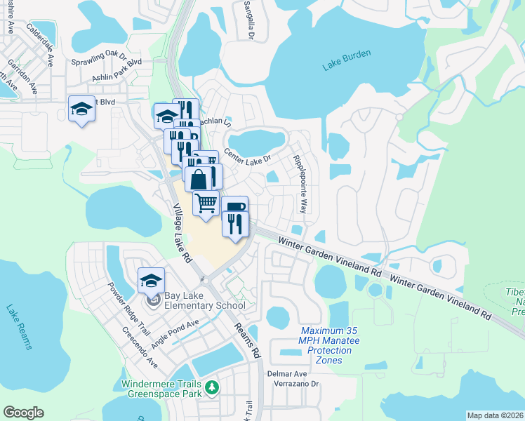 map of restaurants, bars, coffee shops, grocery stores, and more near 11564 Mizzon Drive in Windermere