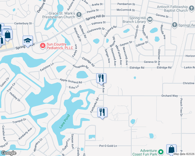 map of restaurants, bars, coffee shops, grocery stores, and more near 8461 Apple Orchard Road in Spring Hill