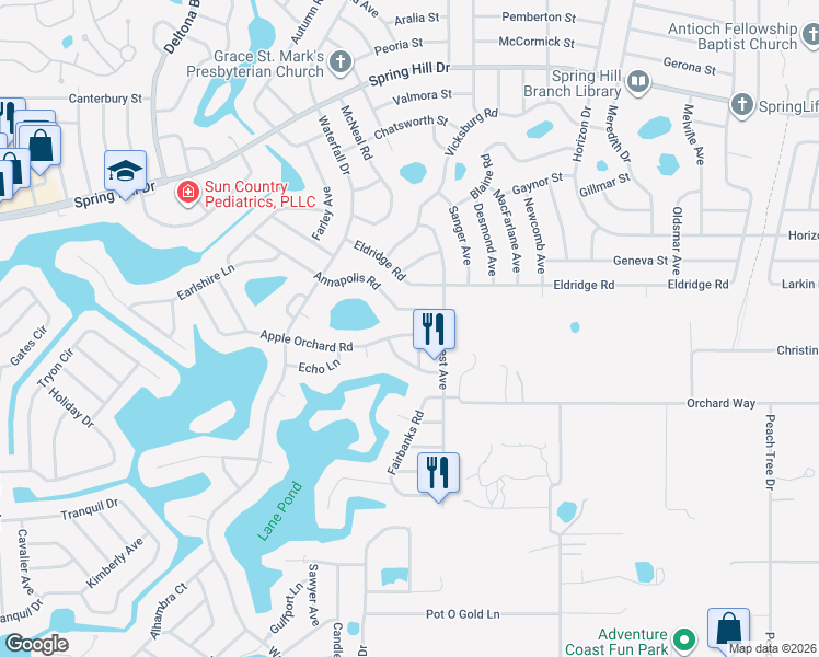 map of restaurants, bars, coffee shops, grocery stores, and more near 8443 Apple Orchard Road in Spring Hill