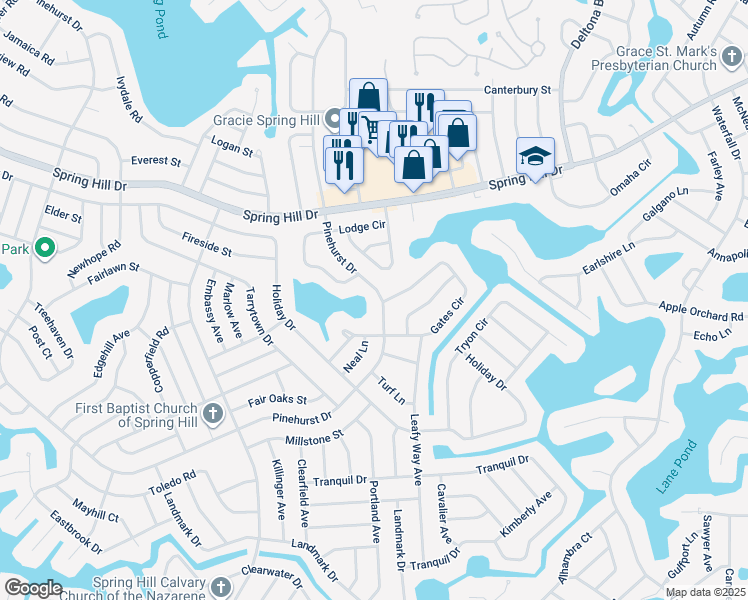 map of restaurants, bars, coffee shops, grocery stores, and more near 7647 Pinehurst Dr in Spring Hill