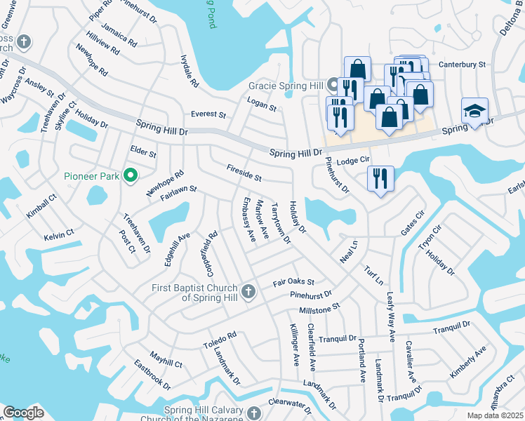 map of restaurants, bars, coffee shops, grocery stores, and more near 1078 Marlow Avenue in Spring Hill