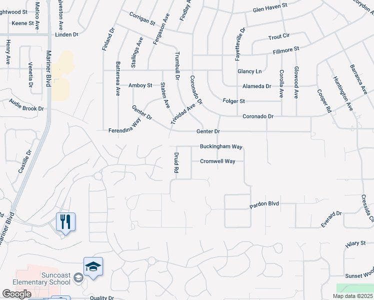 map of restaurants, bars, coffee shops, grocery stores, and more near 11482 Buckingham Way in Spring Hill