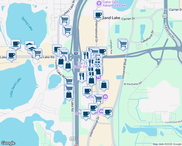 map of restaurants, bars, coffee shops, grocery stores, and more near International Drive in Orlando