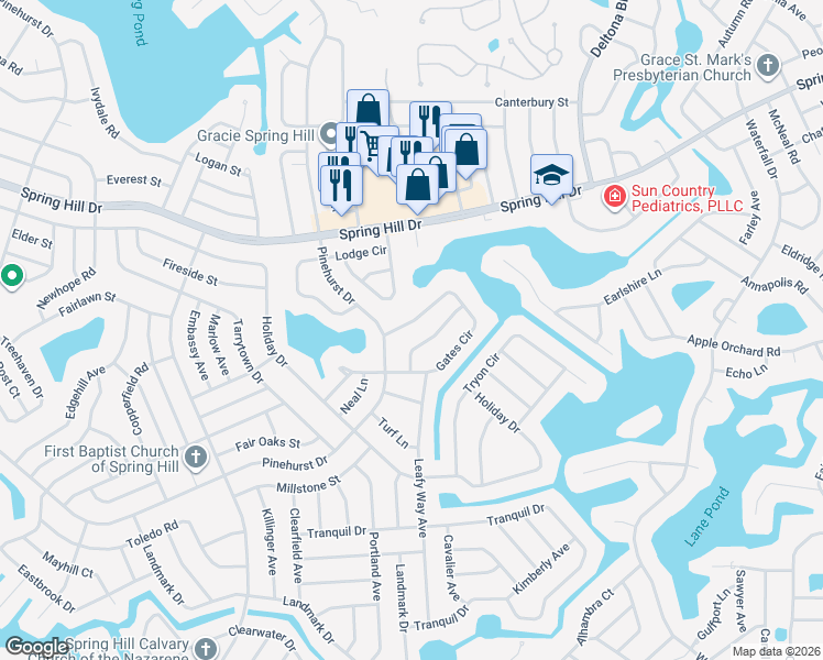 map of restaurants, bars, coffee shops, grocery stores, and more near 7647 Gates Circle in Spring Hill