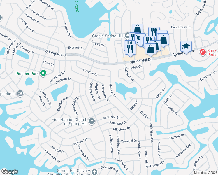 map of restaurants, bars, coffee shops, grocery stores, and more near 7298 Holiday Drive in Spring Hill