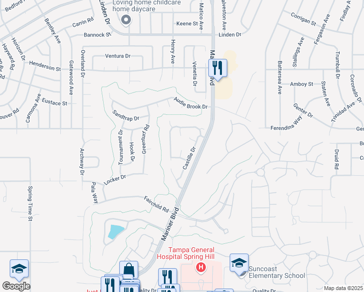 map of restaurants, bars, coffee shops, grocery stores, and more near 1035 La Bamba Court in Spring Hill