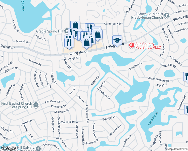 map of restaurants, bars, coffee shops, grocery stores, and more near 1098 Shenandoah Lane in Spring Hill