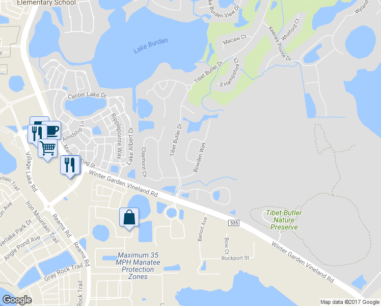 map of restaurants, bars, coffee shops, grocery stores, and more near 8442 Bowden Way in Windermere