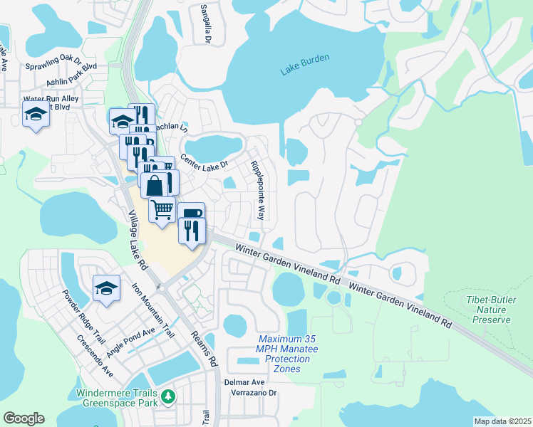 map of restaurants, bars, coffee shops, grocery stores, and more near 7669 Ripplepointe Way in Windermere