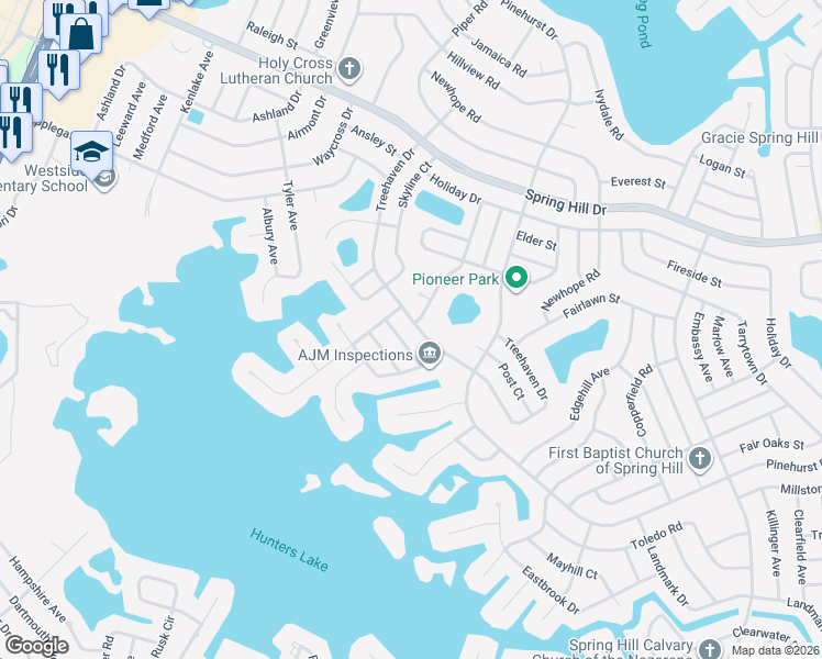 map of restaurants, bars, coffee shops, grocery stores, and more near 6616 Treehaven Drive in Spring Hill
