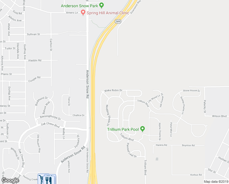 map of restaurants, bars, coffee shops, grocery stores, and more near 14460 Wake Robin Drive in Brooksville