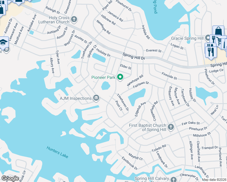 map of restaurants, bars, coffee shops, grocery stores, and more near 6812 Pinehurst Drive in Spring Hill