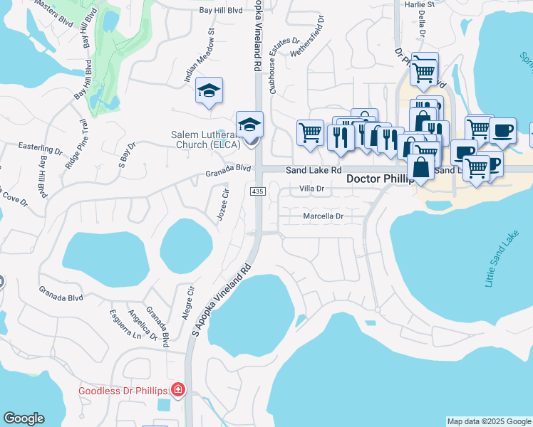 map of restaurants, bars, coffee shops, grocery stores, and more near 8229 Sorbas Court in Orlando