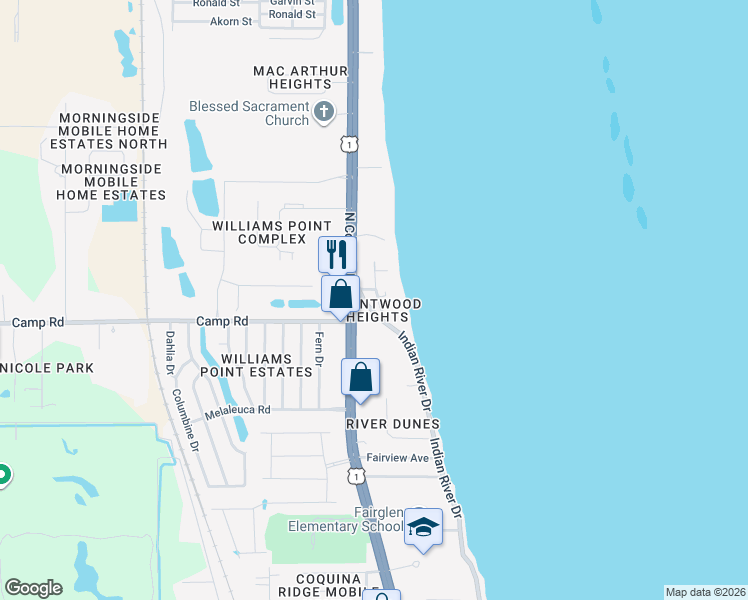 map of restaurants, bars, coffee shops, grocery stores, and more near 4650 Brentwood Drive in Cocoa