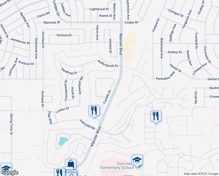 map of restaurants, bars, coffee shops, grocery stores, and more near 1054 Castille Drive in Spring Hill