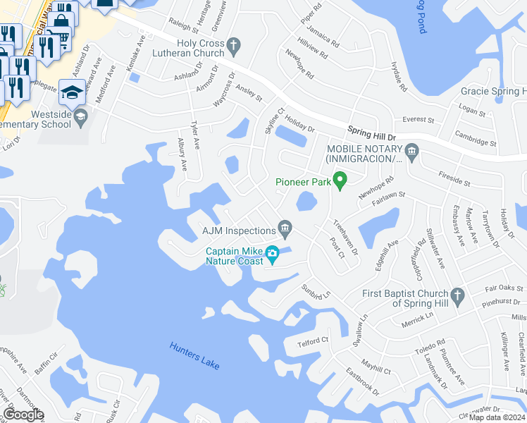 map of restaurants, bars, coffee shops, grocery stores, and more near 6239 Danbury Street in Spring Hill
