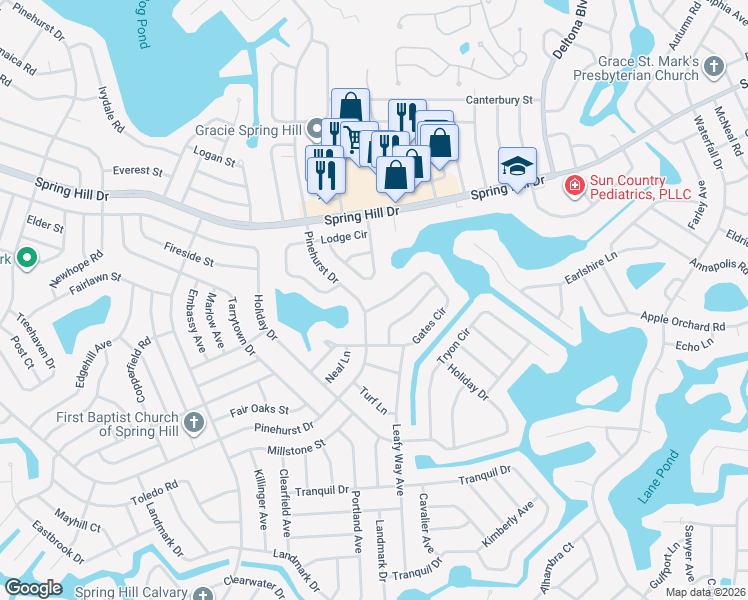 map of restaurants, bars, coffee shops, grocery stores, and more near 7647 Gates Circle in Spring Hill