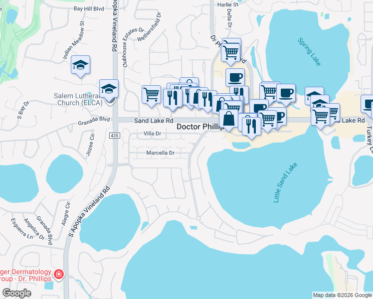 map of restaurants, bars, coffee shops, grocery stores, and more near 8003 Marcella Drive in Orlando