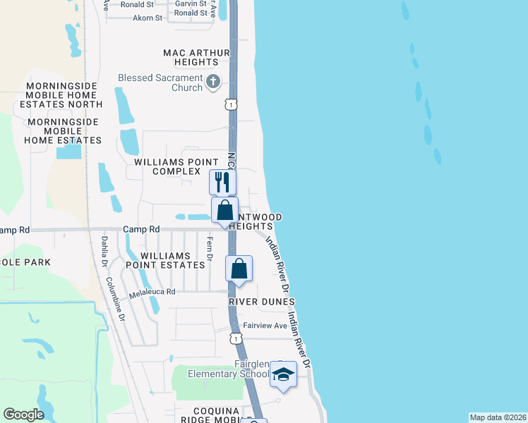map of restaurants, bars, coffee shops, grocery stores, and more near 4650 Brentwood Drive in Cocoa