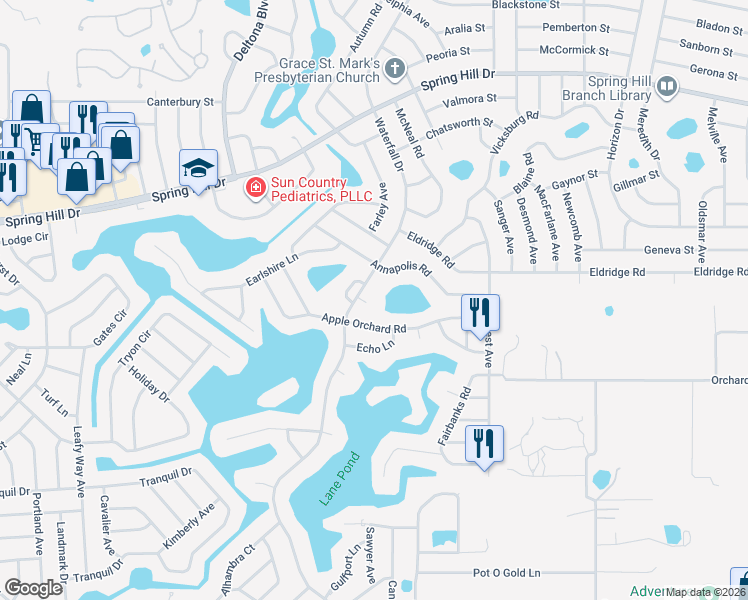 map of restaurants, bars, coffee shops, grocery stores, and more near 8285 Faith Court in Spring Hill