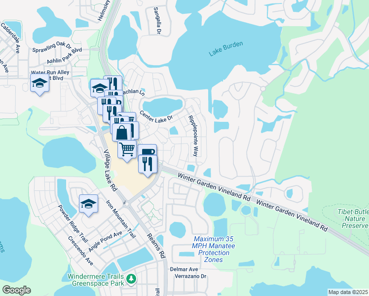 map of restaurants, bars, coffee shops, grocery stores, and more near 8276 Maritime Flag Street in Windermere
