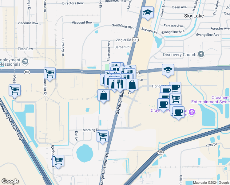 map of restaurants, bars, coffee shops, grocery stores, and more near 8100 South Orange Blossom Trail in Orlando
