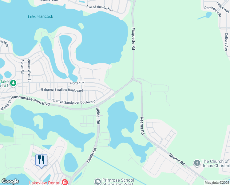 map of restaurants, bars, coffee shops, grocery stores, and more near 14500 Spotted Sandpiper Boulevard in Winter Garden