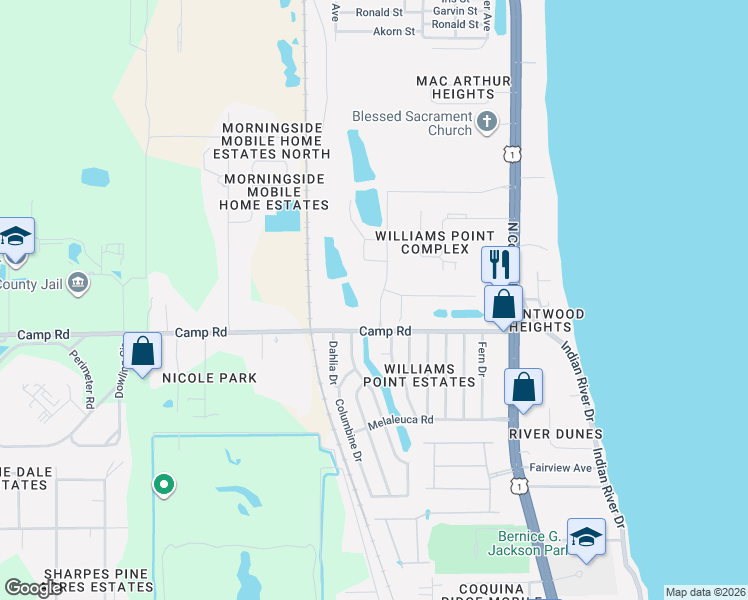 map of restaurants, bars, coffee shops, grocery stores, and more near 442-460 Camp Road in Cocoa