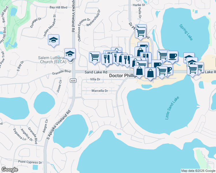 map of restaurants, bars, coffee shops, grocery stores, and more near 8021 Marcella Drive in Orlando