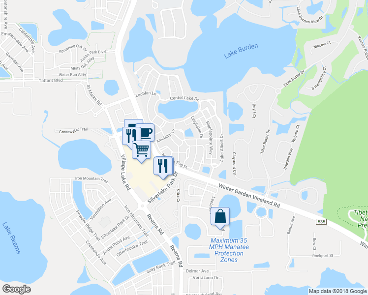 map of restaurants, bars, coffee shops, grocery stores, and more near 11564 Mizzon Drive in Windermere