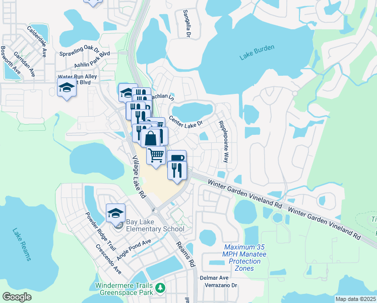 map of restaurants, bars, coffee shops, grocery stores, and more near 11564 Mizzon Drive in Windermere