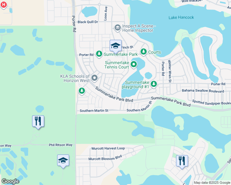 map of restaurants, bars, coffee shops, grocery stores, and more near 15492 Blackbead Street in Winter Garden