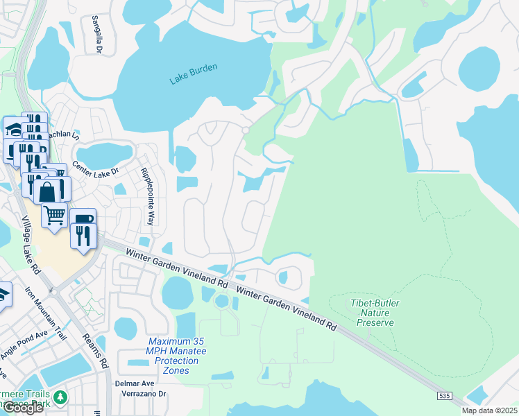 map of restaurants, bars, coffee shops, grocery stores, and more near 8418 Bowden Way in Windermere