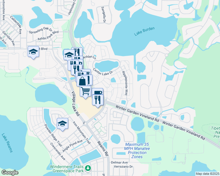 map of restaurants, bars, coffee shops, grocery stores, and more near 11564 Mizzon Drive in Windermere