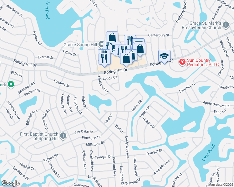 map of restaurants, bars, coffee shops, grocery stores, and more near 7647 Pinehurst Drive in Spring Hill