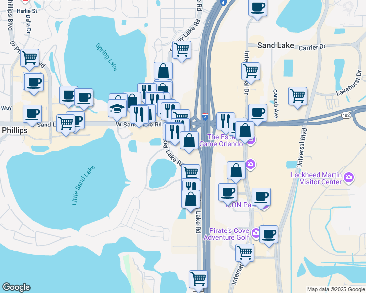 map of restaurants, bars, coffee shops, grocery stores, and more near 8179-8269 Turkey Lake Road in Orlando
