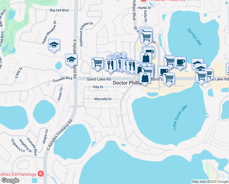 map of restaurants, bars, coffee shops, grocery stores, and more near 7943 Villa Drive in Orlando
